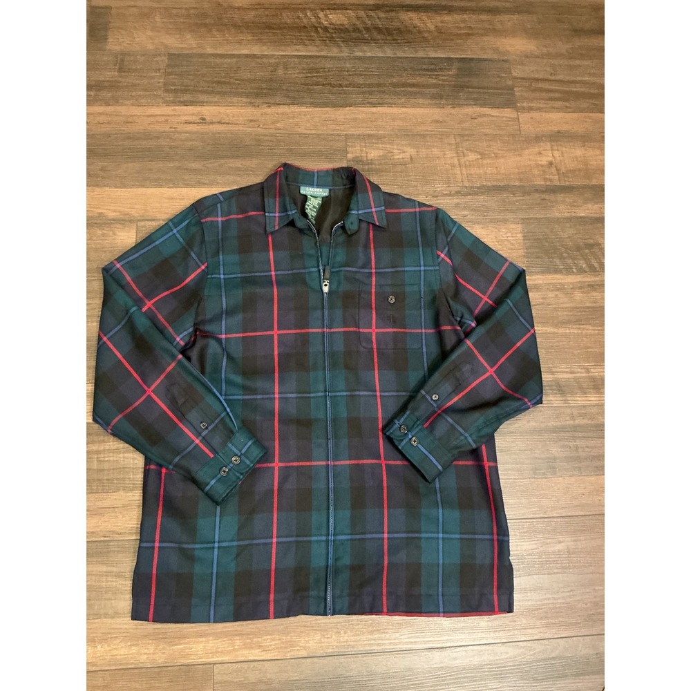 Vintage Lauren Ralph Lauren Wool Plaid Zip Jacket Green Blue Red Tartan Large